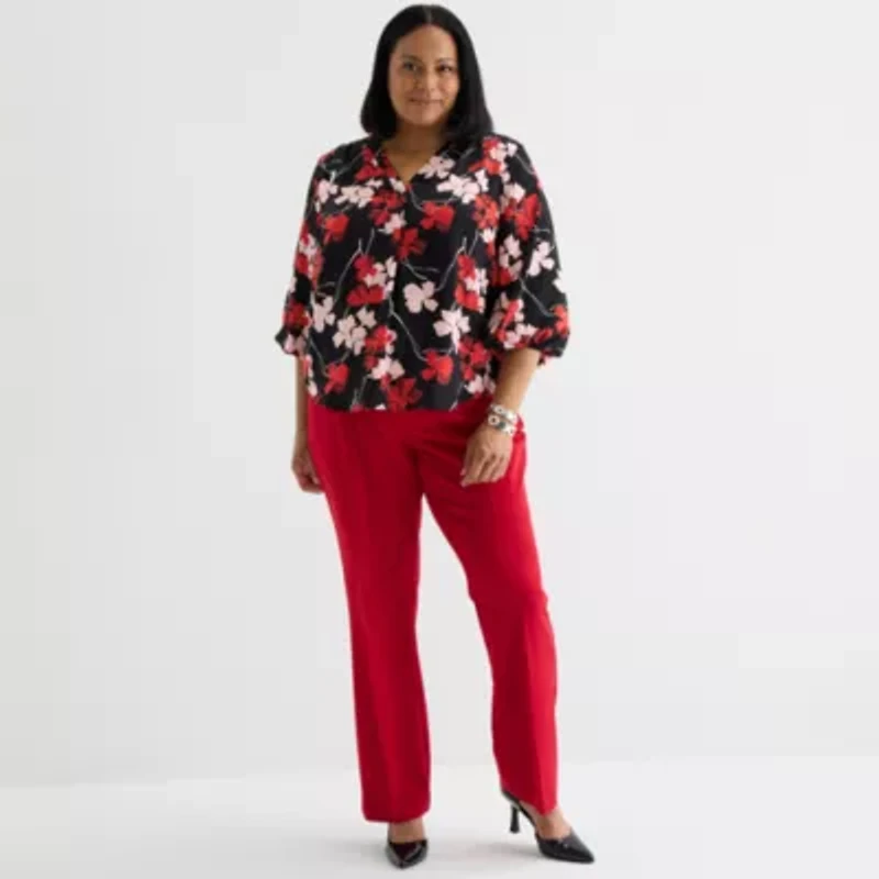 Liz Claiborne Womens V Neck 3/4 Sleeve Satin Plus Blouse