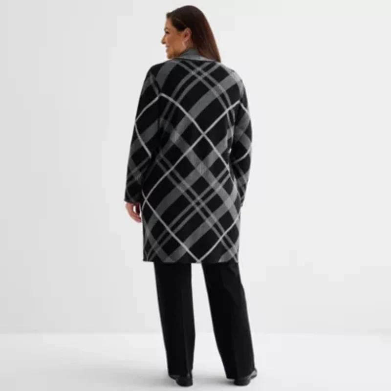 Liz Claiborne Womens Long Sleeve Open Front Plus Plaid Cardigan