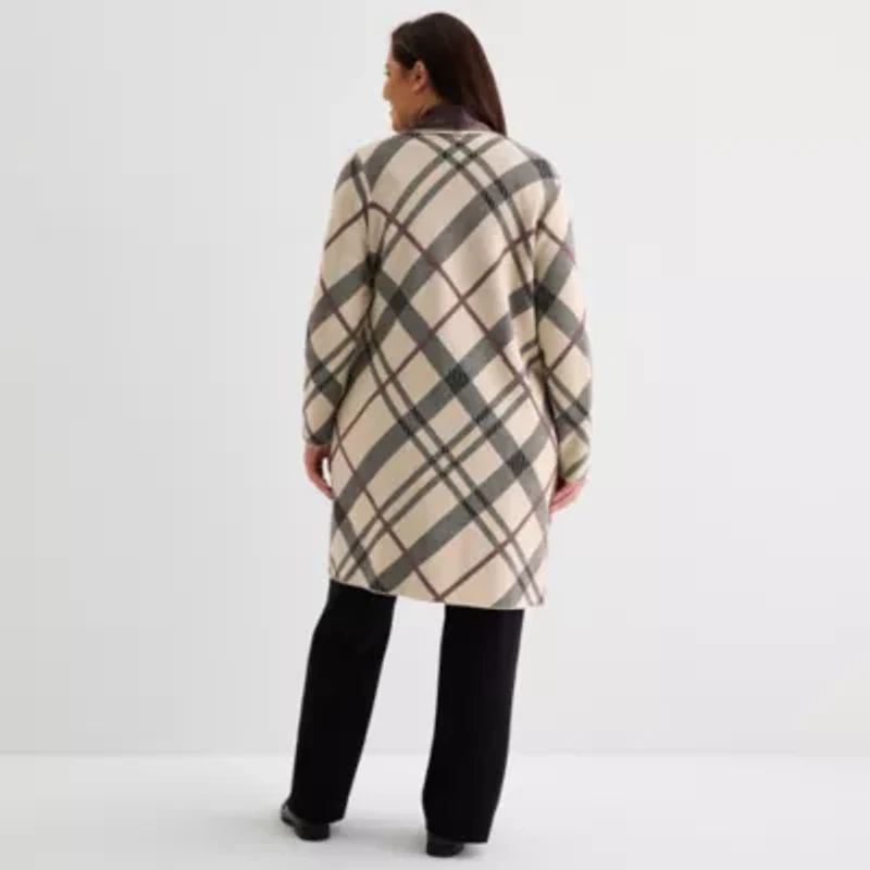 Liz Claiborne Womens Long Sleeve Open Front Plus Plaid Cardigan