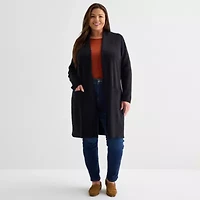 Liz Claiborne Womens Long Sleeve Open Front Plus Plaid Cardigan
