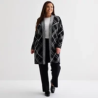 Liz Claiborne Womens Long Sleeve Open Front Plus Plaid Cardigan