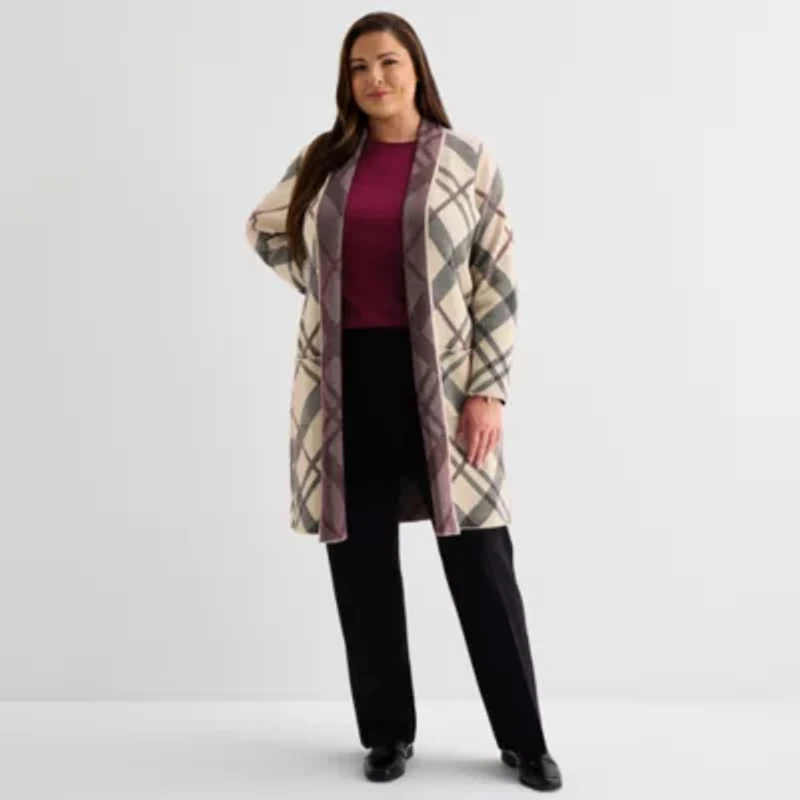 Liz Claiborne Womens Long Sleeve Open Front Plus Plaid Cardigan