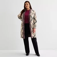 Liz Claiborne Womens Long Sleeve Open Front Plus Plaid Cardigan