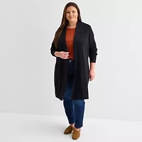 Liz Claiborne Womens Long Sleeve Open Front Plus Plaid Cardigan