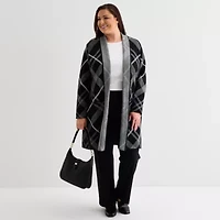 Liz Claiborne Womens Long Sleeve Open Front Plus Plaid Cardigan