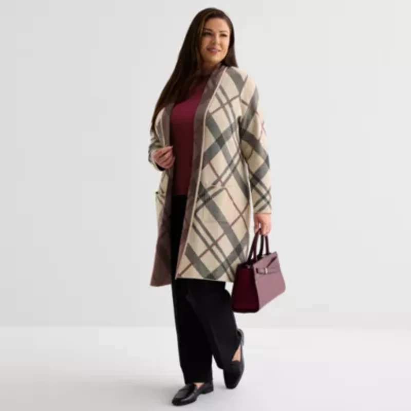Liz Claiborne Womens Long Sleeve Open Front Plus Plaid Cardigan