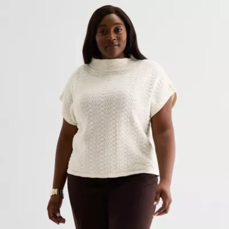 Liz Claiborne Plus Womens Cowl Neck Short Sleeve Pullover Sweater