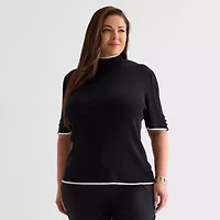 Liz Claiborne Plus Womens Mock Neck Short Sleeve Pullover Sweater