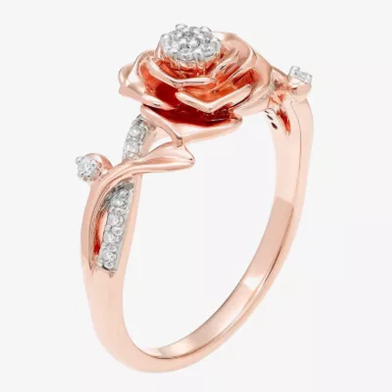 Enchanted Disney Fine Jewelry Womens 1/10 CT. T.W. Natural White Diamond 10K Rose Gold Flower Beauty and the Beast Belle Princess Cocktail Ring