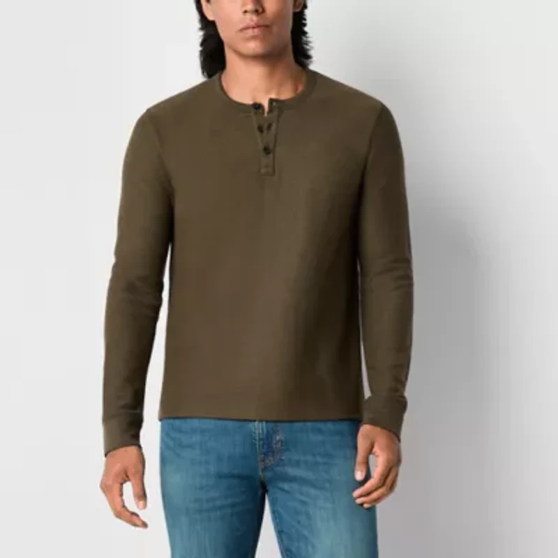mutual weave Solid Waffle Mens Long Sleeve Henley Shirt