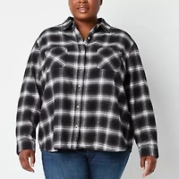 a.n.a Plaid Womens Plus Long Sleeve Blouse