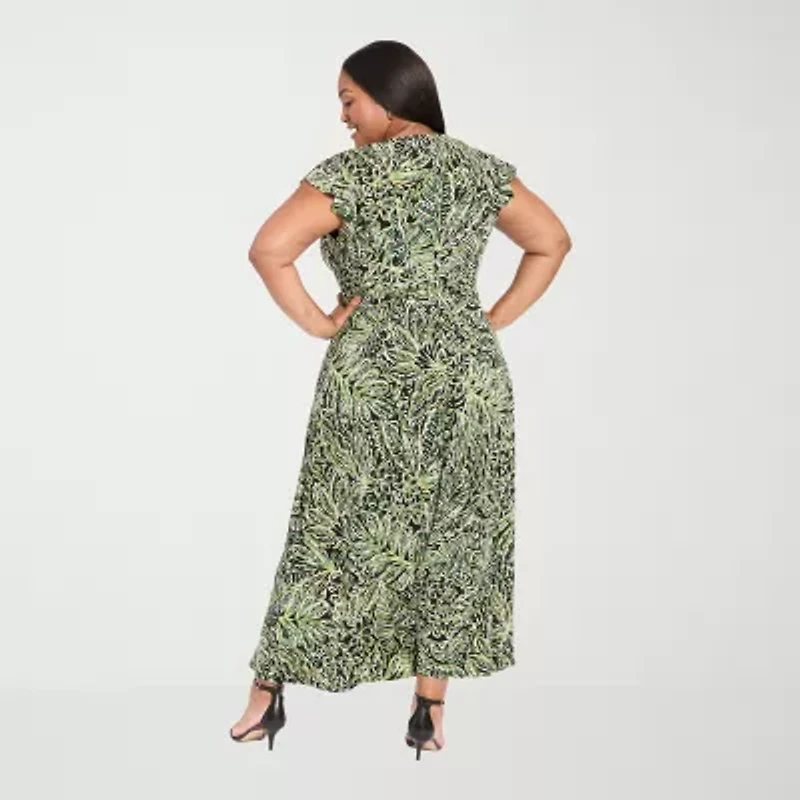 London Times Womens Short Sleeve Abstract Plus Maxi Dress