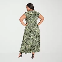 London Times Womens Short Sleeve Abstract Maxi Dress Plus