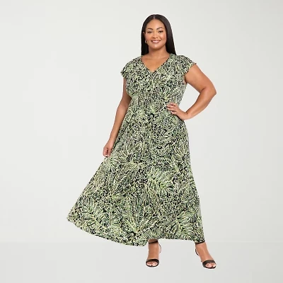 London Times Womens Short Sleeve Abstract Maxi Dress Plus