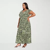 London Times Womens Short Sleeve Abstract Maxi Dress Plus