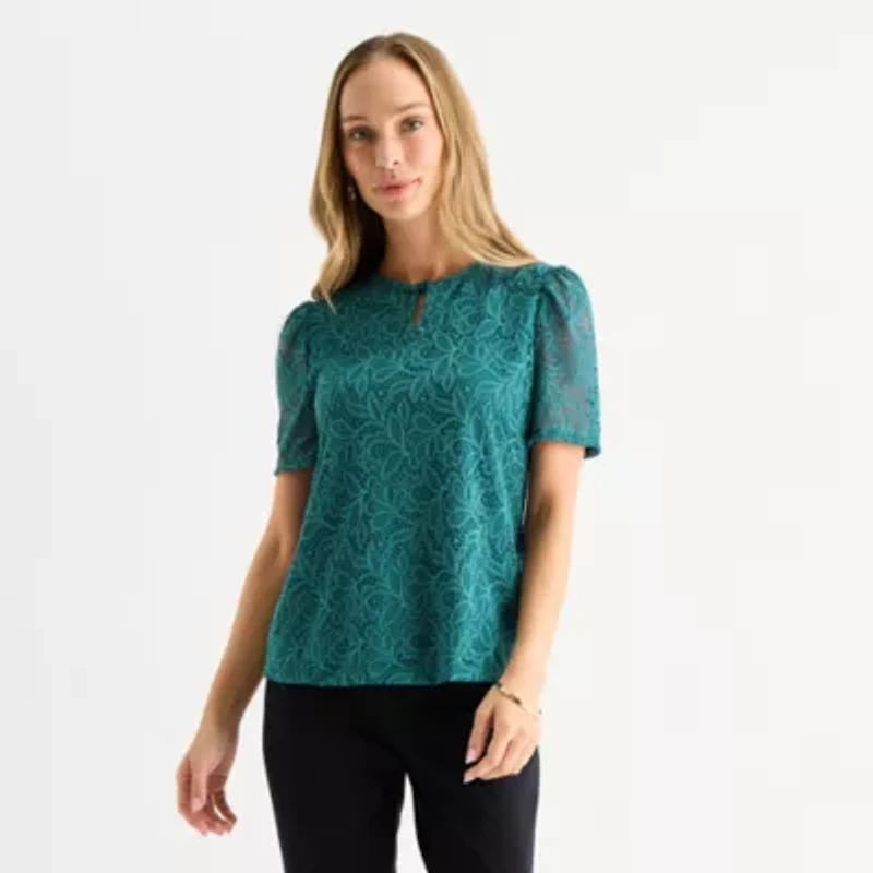 Liz Claiborne Womens Round Neck Short Sleeve Blouse