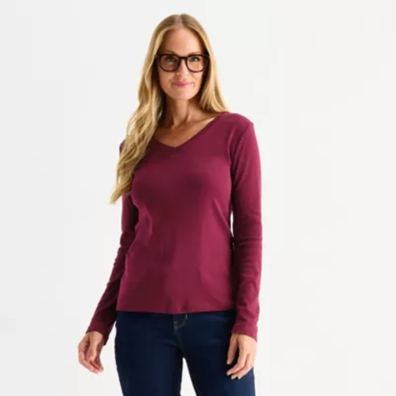 Liz Claiborne Womens V Neck Long Sleeve T-Shirt