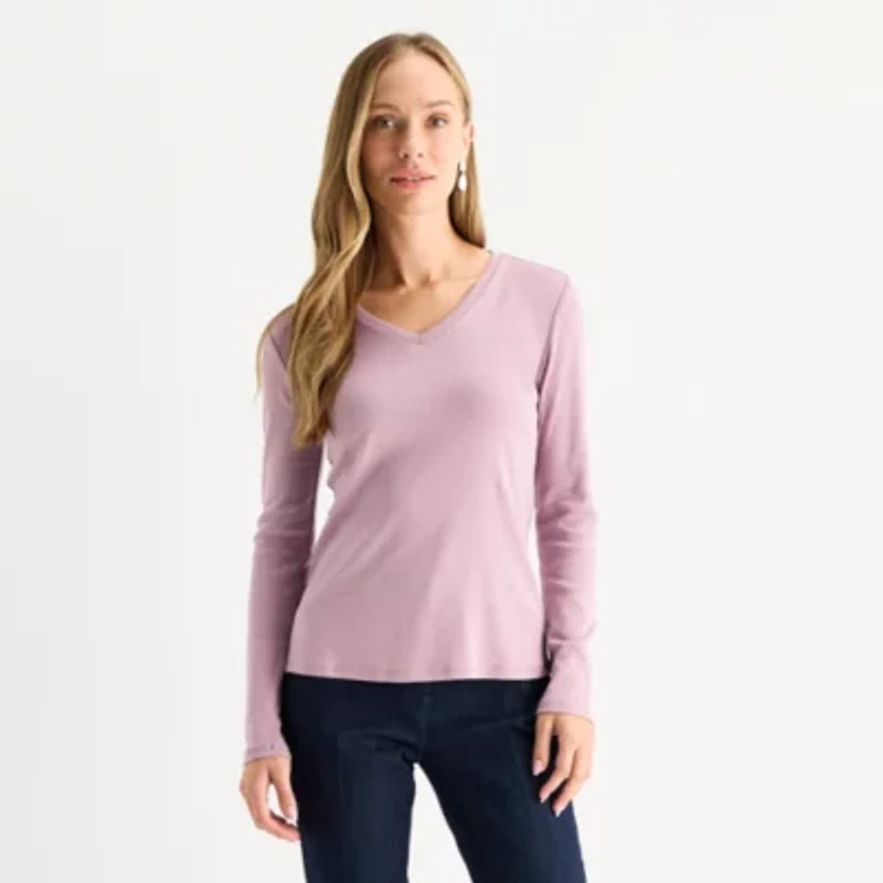 Liz Claiborne Womens V Neck Long Sleeve T-Shirt