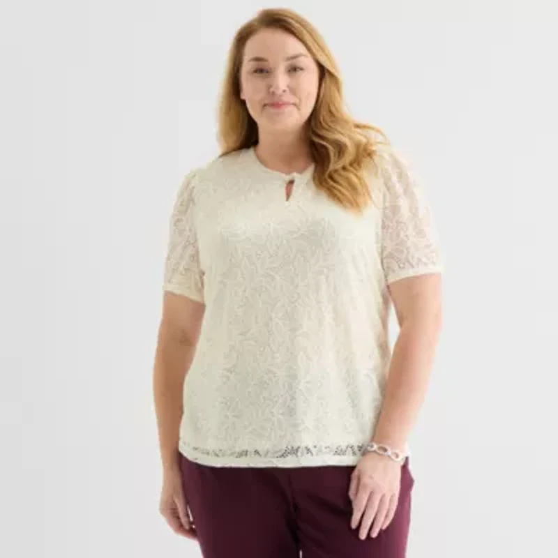 Liz Claiborne Womens Plus Keyhole Neck Long Sleeve Adaptive Blouse