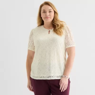 Liz Claiborne Womens Plus Keyhole Neck Long Sleeve Adaptive Blouse