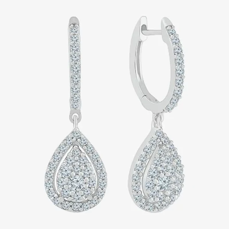 Womens 3/4 CT. T.W. Natural White Diamond 10K White Gold 26.3mm Pear Hoop Earrings