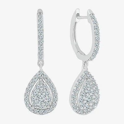 Womens 3/4 CT. T.W. Natural White Diamond 10K White Gold 26.3mm Pear Hoop Earrings