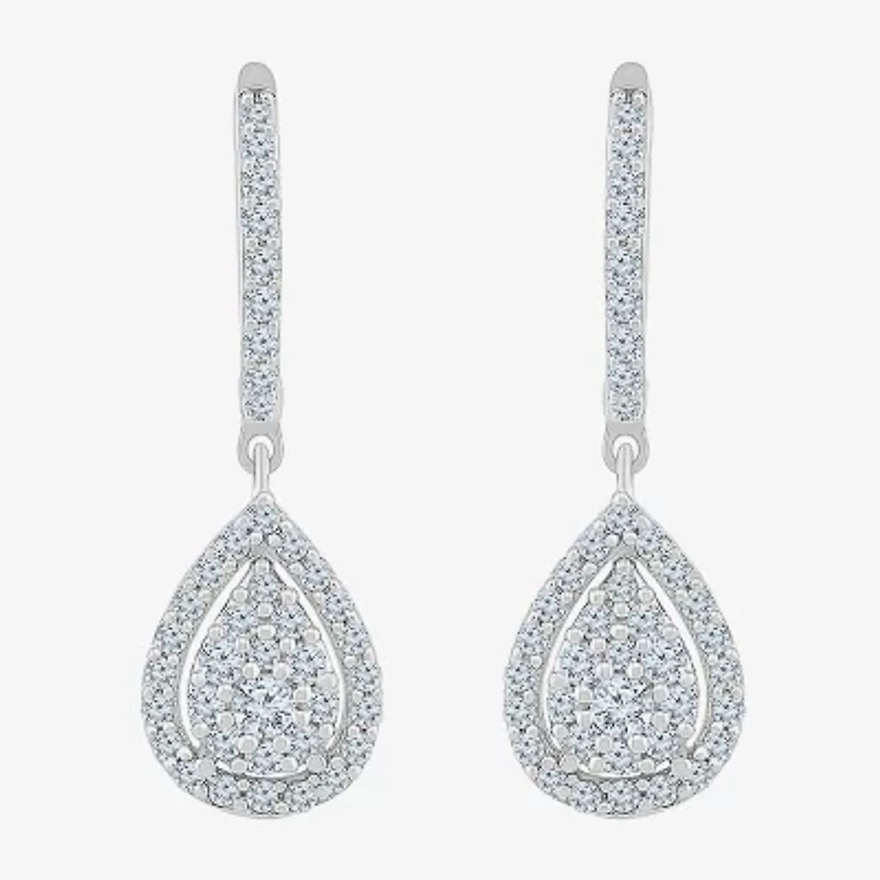 Womens 3/4 CT. T.W. Natural White Diamond 10K White Gold 26.3mm Pear Hoop Earrings