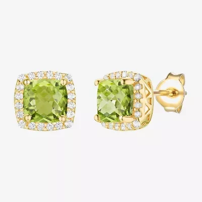Genuine Green Peridot 14K Gold Over Silver 6.6mm Cushion Stud Earrings