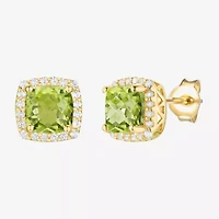 Genuine Green Peridot 14K Gold Over Silver 6.6mm Cushion Stud Earrings