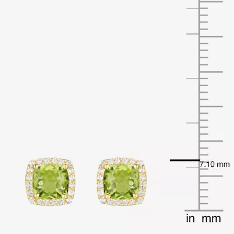 Genuine Green Peridot 14K Gold Over Silver 6.6mm Cushion Stud Earrings