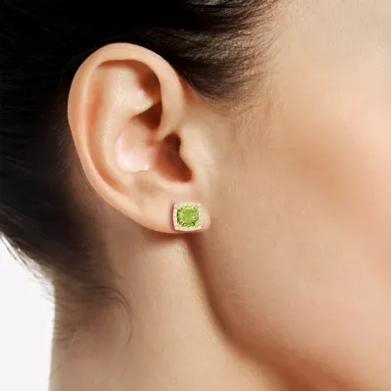 Genuine Green Peridot 14K Gold Over Silver 6.6mm Cushion Stud Earrings
