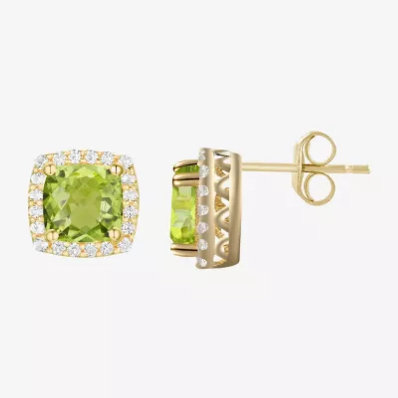 Genuine Green Peridot 14K Gold Over Silver 6.6mm Cushion Stud Earrings