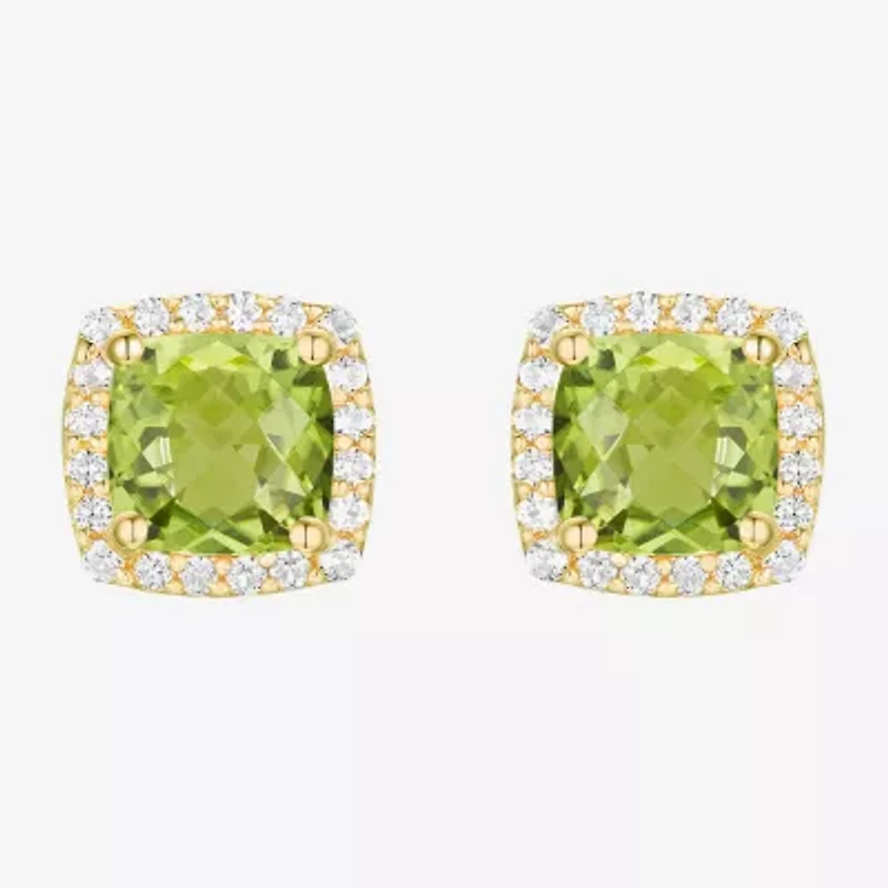 Genuine Green Peridot 14K Gold Over Silver 6.6mm Cushion Stud Earrings
