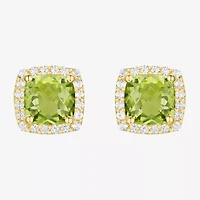 Genuine Green Peridot 14K Gold Over Silver 6.6mm Cushion Stud Earrings