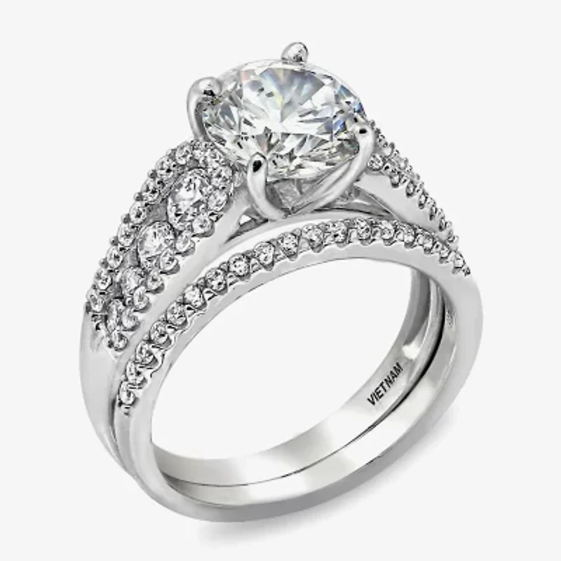 Diamonart Womens Cubic Zirconia Sterling Silver Side Stone -Stone Bridal Set