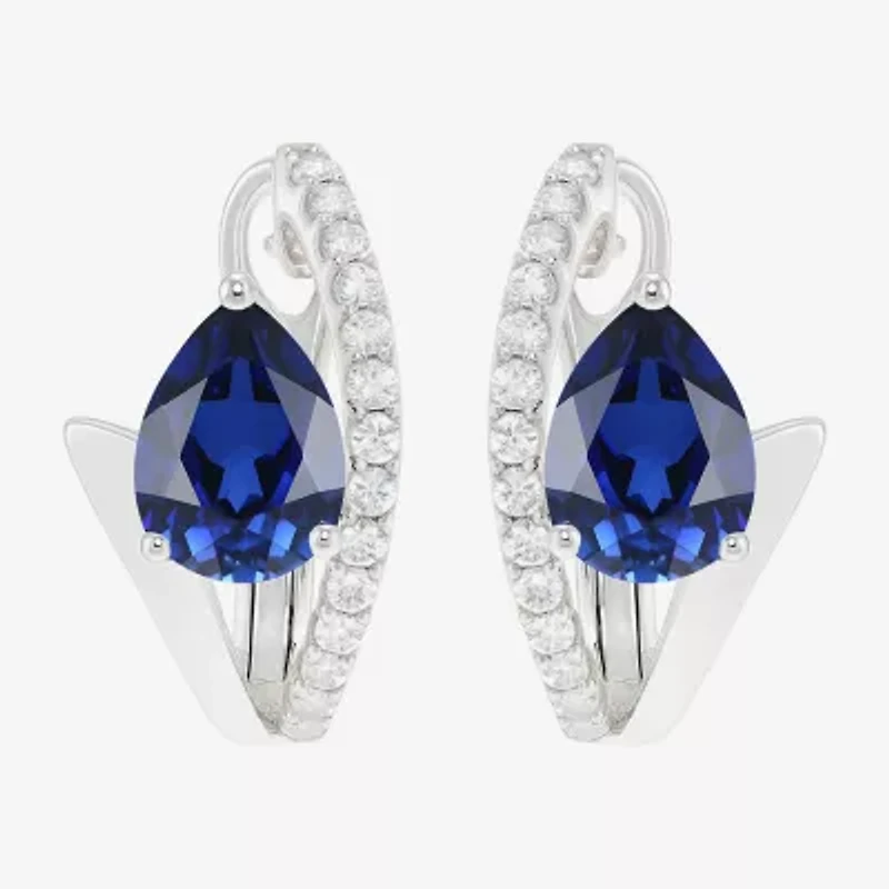 Womens Lab Created Blue Sapphire Sterling Silver 14mm Pear Hoop Earrings