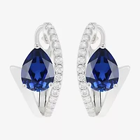 Womens Lab Created Blue Sapphire Sterling Silver 14mm Pear Hoop Earrings