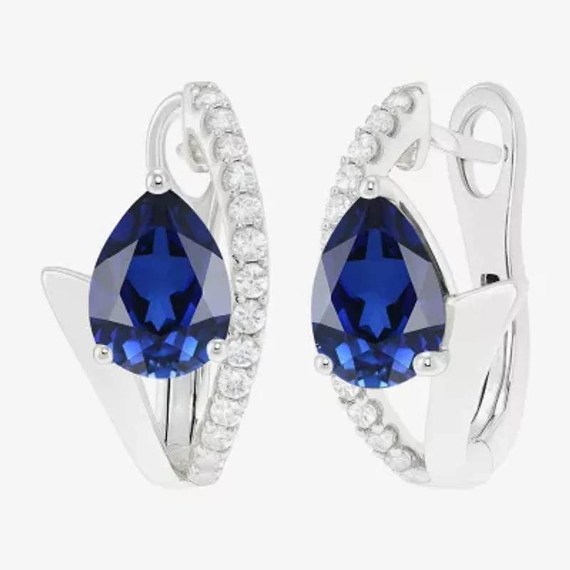 Womens Lab Created Blue Sapphire Sterling Silver 14mm Pear Hoop Earrings