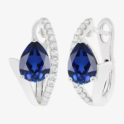 Womens Lab Created Blue Sapphire Sterling Silver 14mm Pear Hoop Earrings