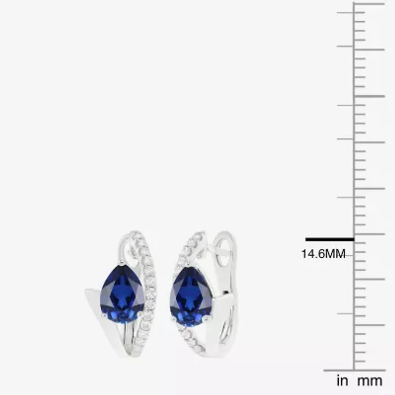 Womens Lab Created Blue Sapphire Sterling Silver 14mm Pear Hoop Earrings