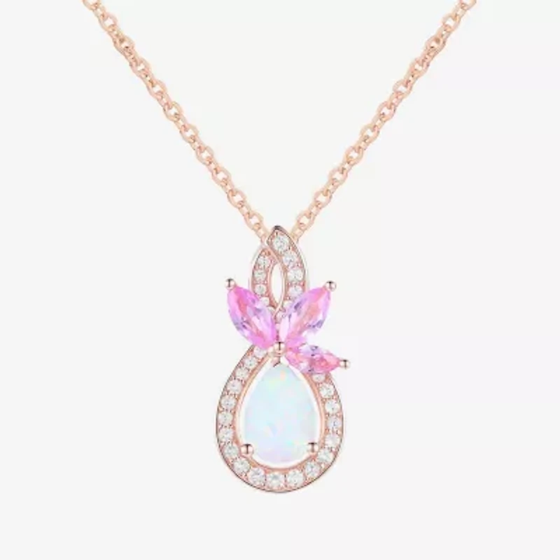 Womens Lab Created White Opal 14K Rose Gold Over Silver Pear 18 Inch Pendant Necklace