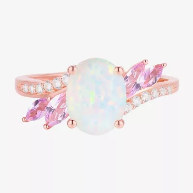 Womens Lab Created White Opal 14K Rose Gold Over Silver Side Stone Cocktail Ring