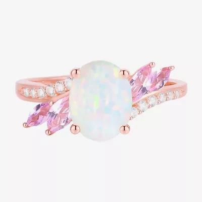 Womens Lab Created White Opal 14K Rose Gold Over Silver Side Stone Cocktail Ring