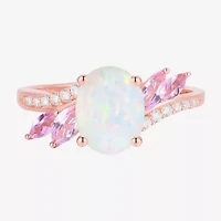 Womens Lab Created White Opal 14K Rose Gold Over Silver Side Stone Cocktail Ring