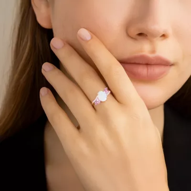 Womens Lab Created White Opal 14K Rose Gold Over Silver Side Stone Cocktail Ring