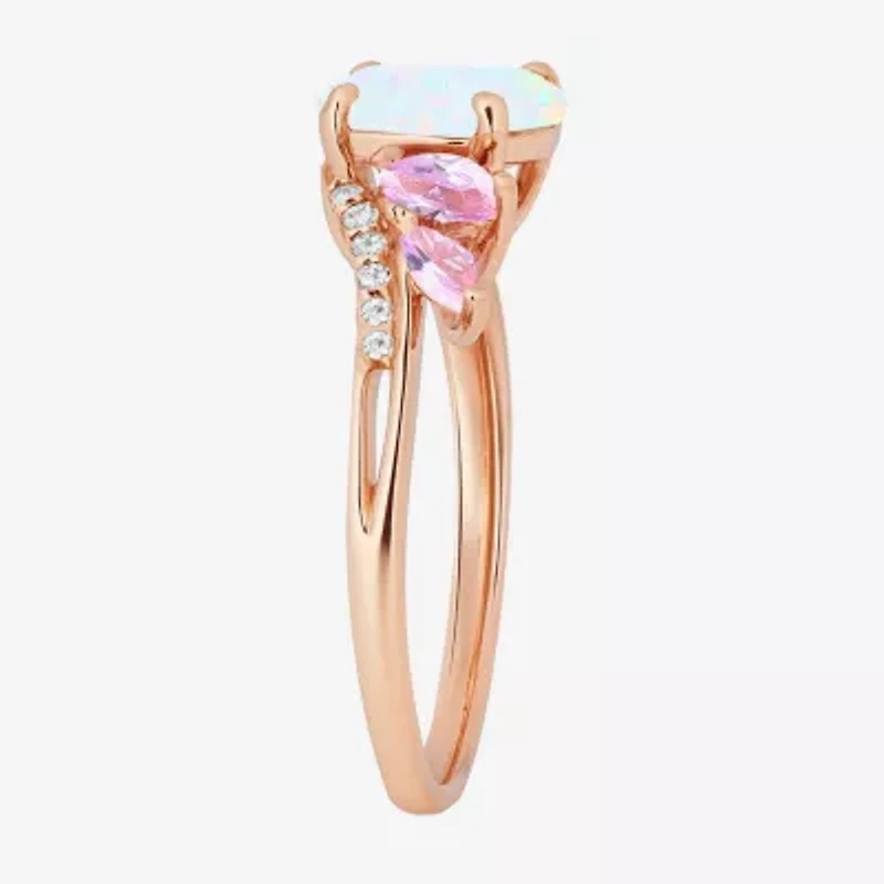 Womens Lab Created White Opal 14K Rose Gold Over Silver Side Stone Cocktail Ring
