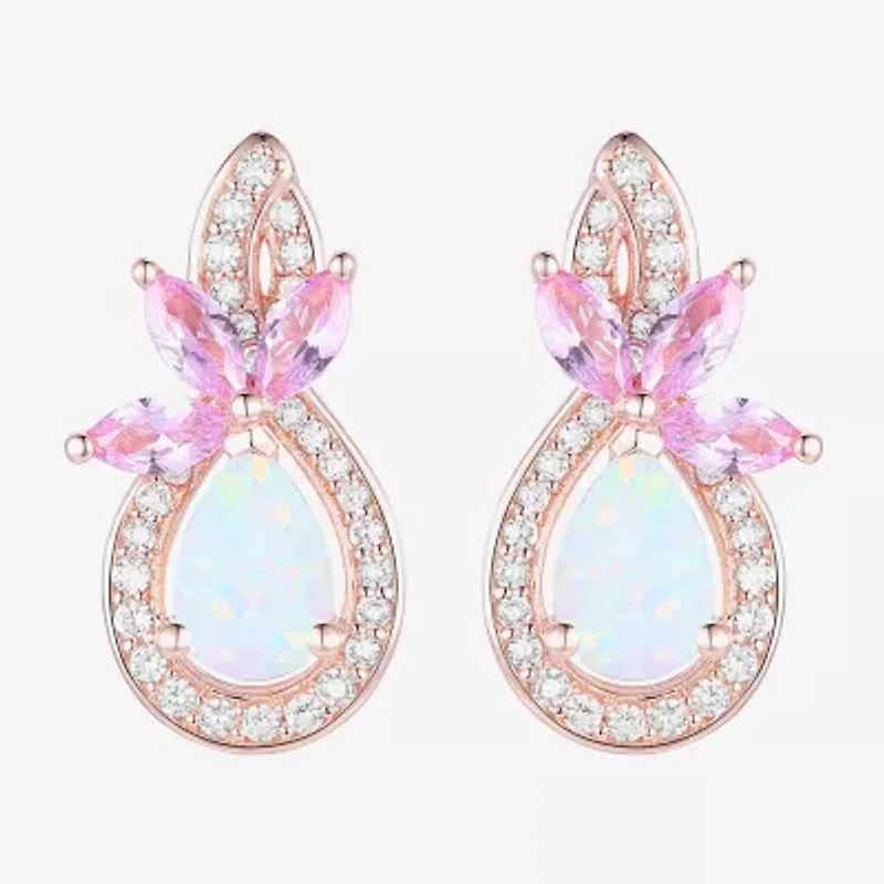 Womens Lab Created White Opal 14K Rose Gold Over Silver Pear Drop Earrings