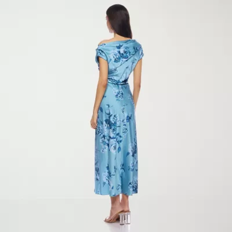 Premier Amour One Shoulder Womens Short Sleeve Floral Midi Fit + Flare Dress