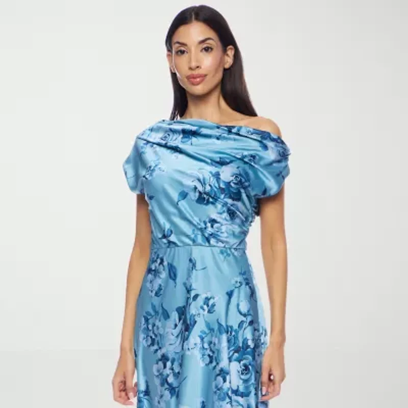 Premier Amour One Shoulder Womens Short Sleeve Floral Midi Fit + Flare Dress