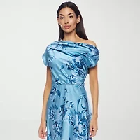 Premier Amour One Shoulder Womens Short Sleeve Floral Midi Fit + Flare Dress